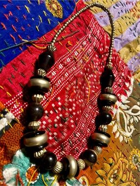 Vintage Bohemian Black Wood and Silver Beaded Statement Necklace